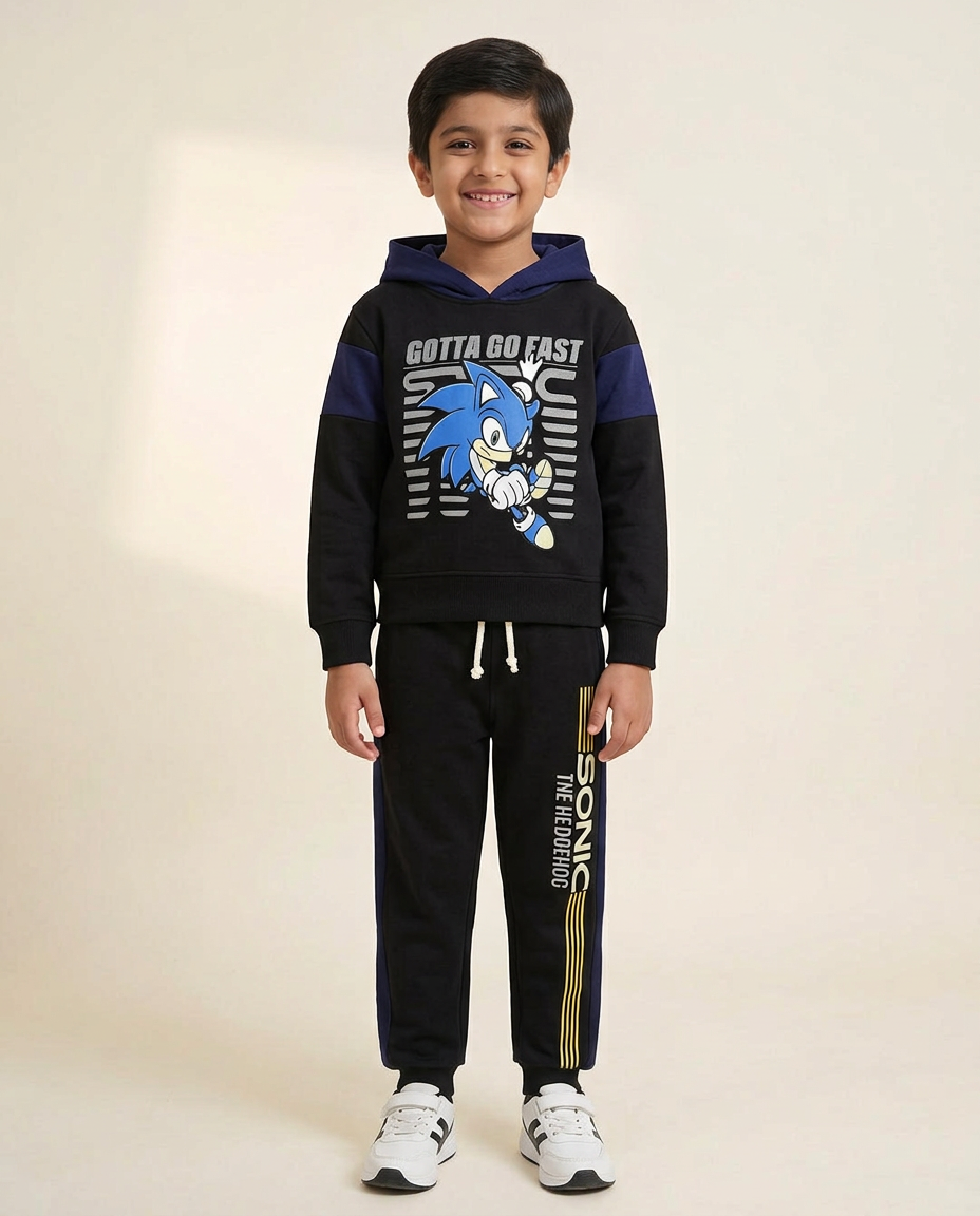 Kids Sonic Blue & Black Fleece Hoodie With Pocket Trouser Premium Quality Set