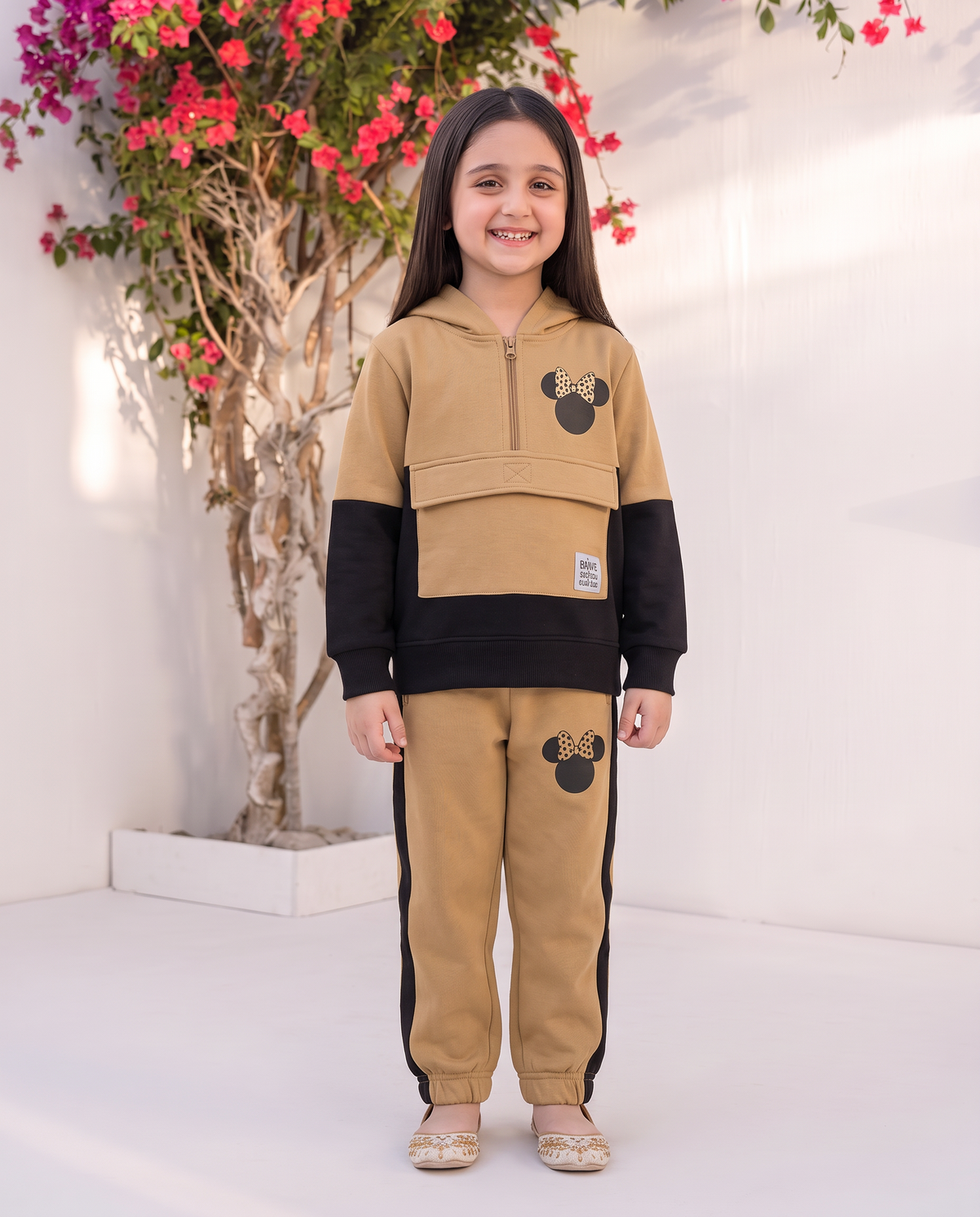 Kids hoodie set minnie design beige black