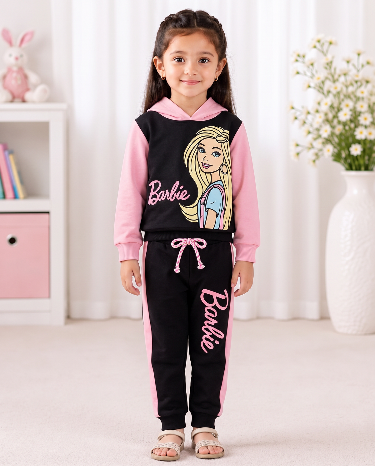 Girls Barbie Hooded Tracksuit – Pink & Black Two-Piece Set
