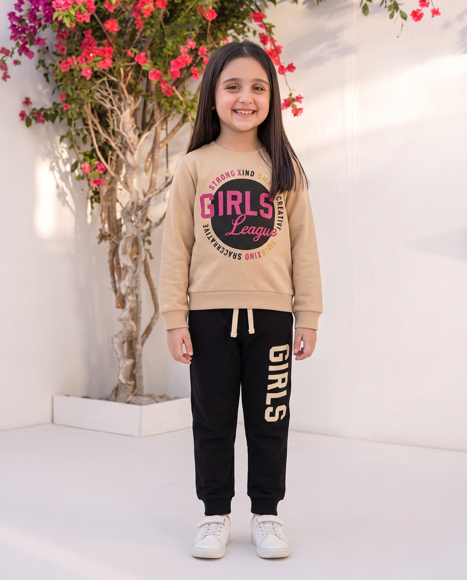 Baby Girl League Fleece Sweatshirt and Black Trouser 2 Piece Set Outfit