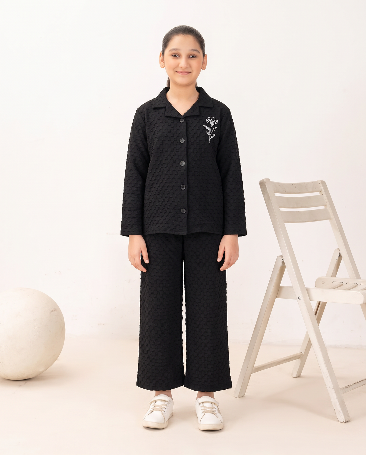 Girls Black Wave Textured Turkish Fabric Co-Ord Set