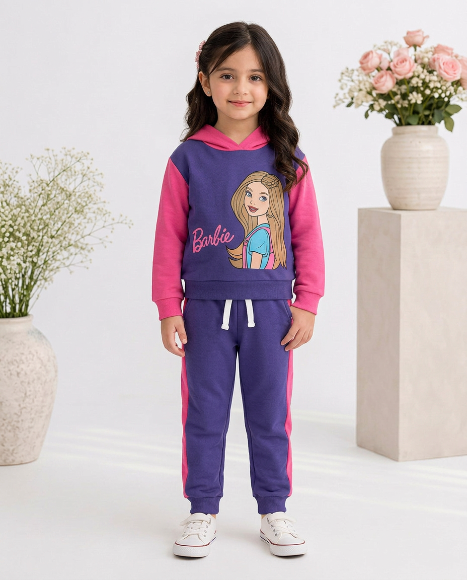 Baby Girls Barbie Fleece Pink Hoodie With Purple Panel Trouser 2 Piece premium Quality Set