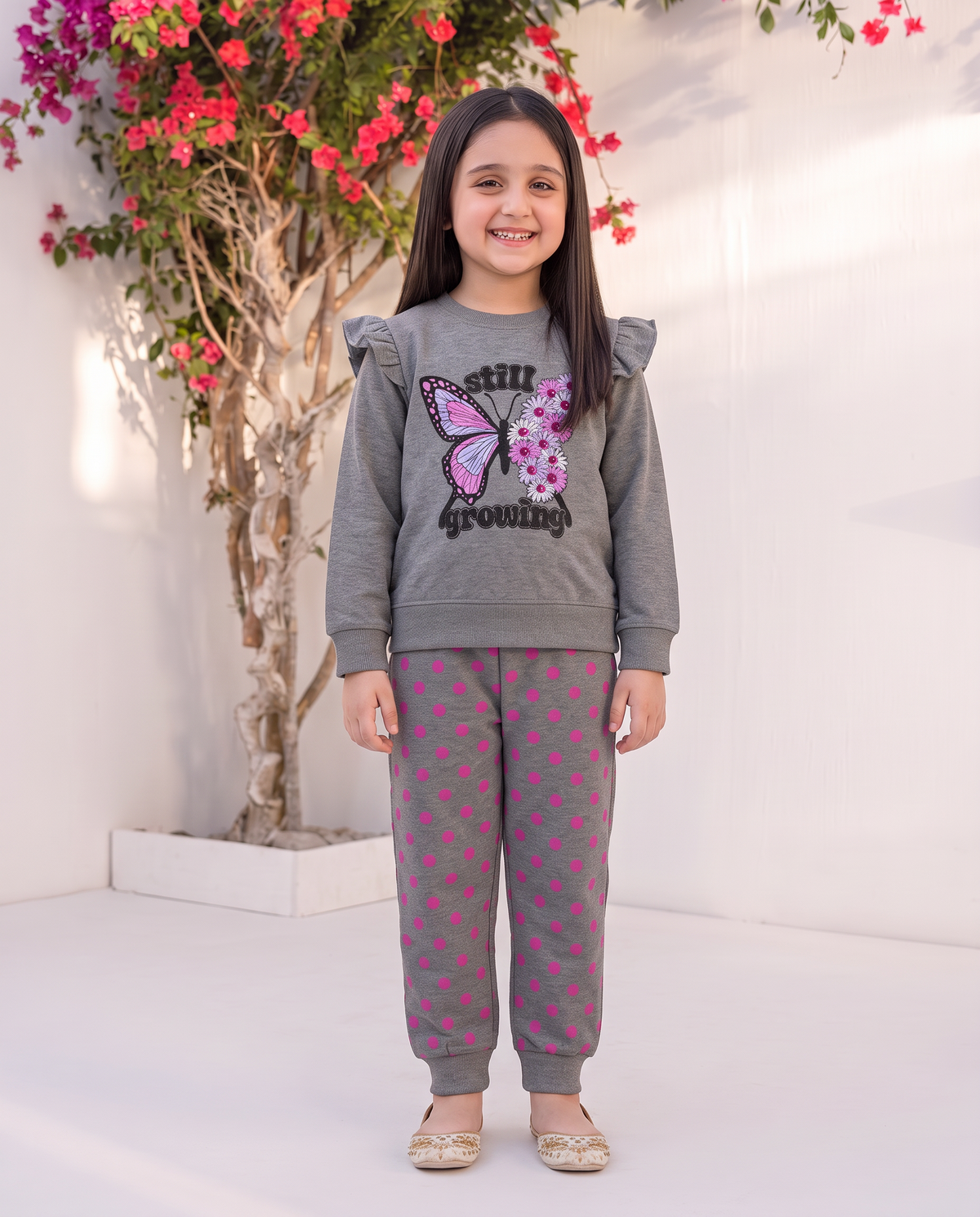 "Still Growing" Butterfly Graphic Grey Top and Pink Dot Pant Set for Toddlers