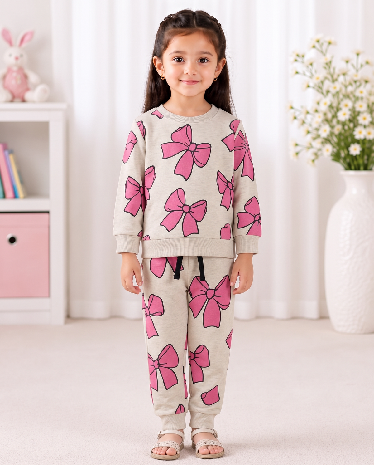 Cute Pink Bow Printed Kids Tracksuit – Beige Two-Piece Set