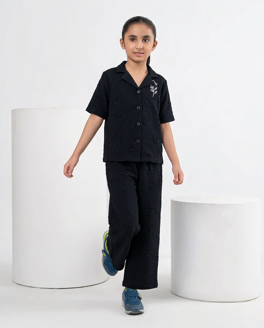 Girls Black Textured Turkish Fabric Co-Ord Set