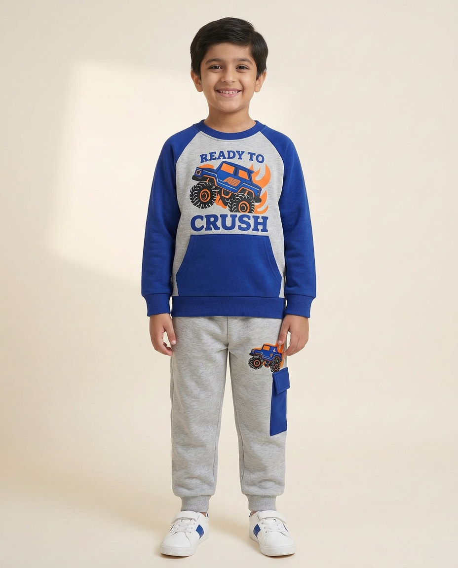 Monster Truck Kids Sweat Suit – Ready to Crush (Blue & Grey)