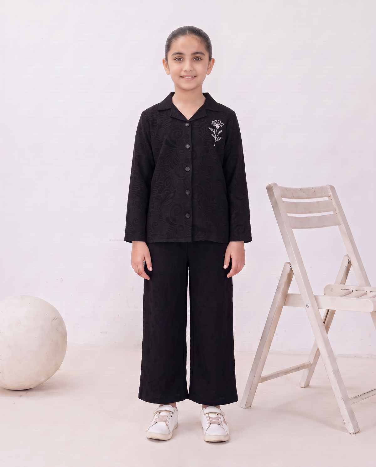 Girls Black Paisley Textured Turkish Fabric Co-Ord Set
