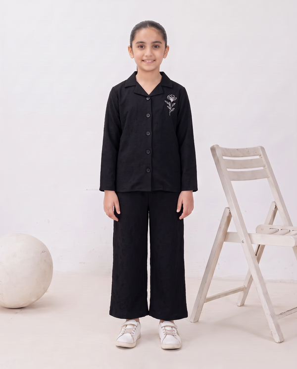 Girls Black Dotted Textured Turkish Fabric Co-Ord Set