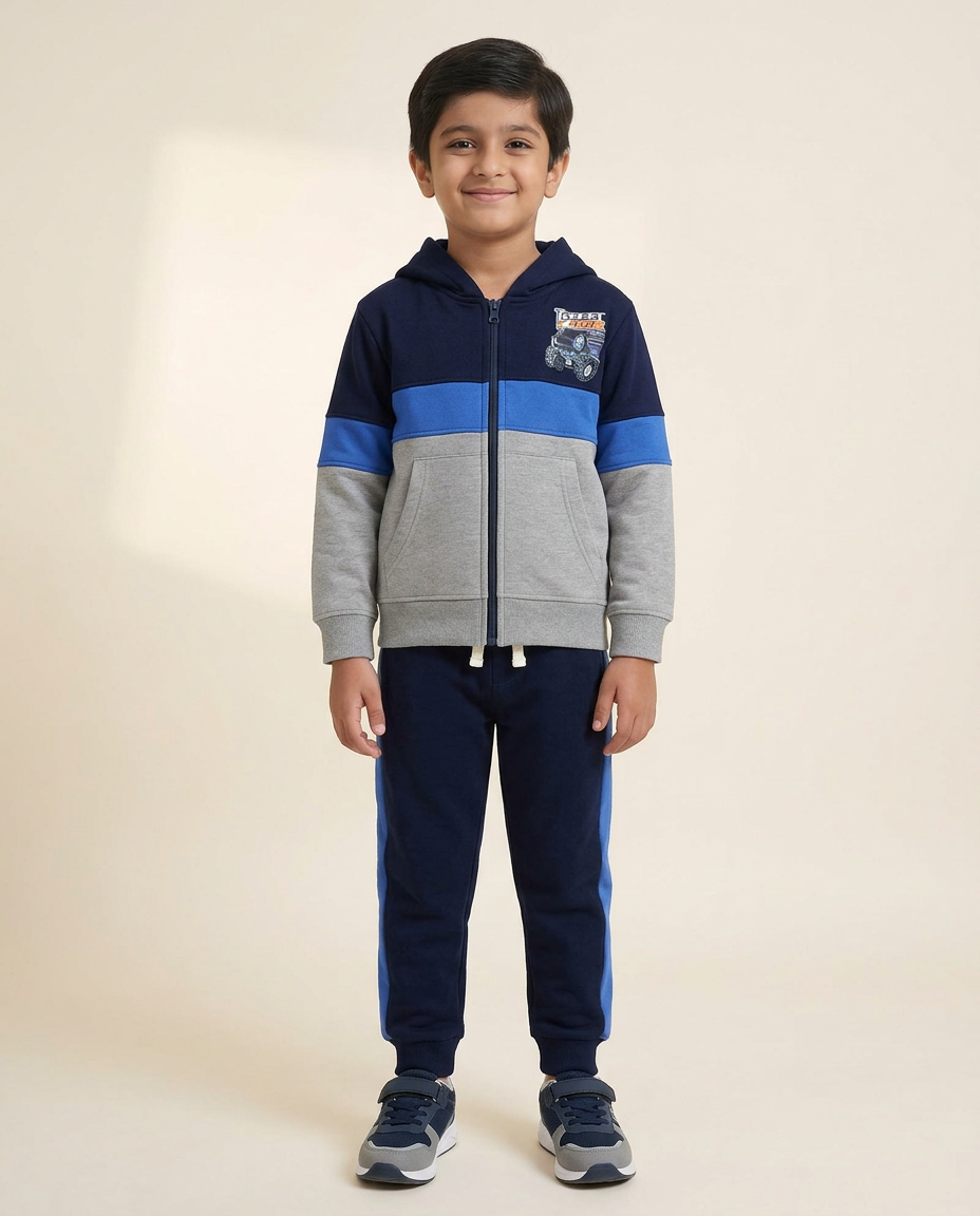 Navy, Blue & Grey Hoodie Set – Front Zip Hooded Top with Matching Bottoms