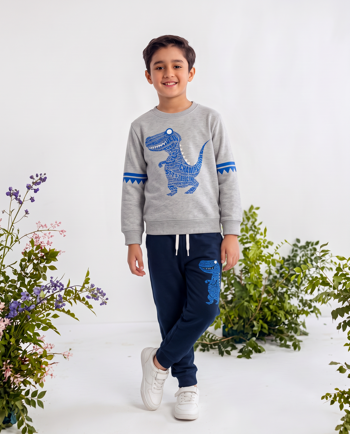 Toddler Baby Boy Grey Dinosaur Sweatshirt  Long Sleeve Pullover With Navy Blue Pocket Trouser