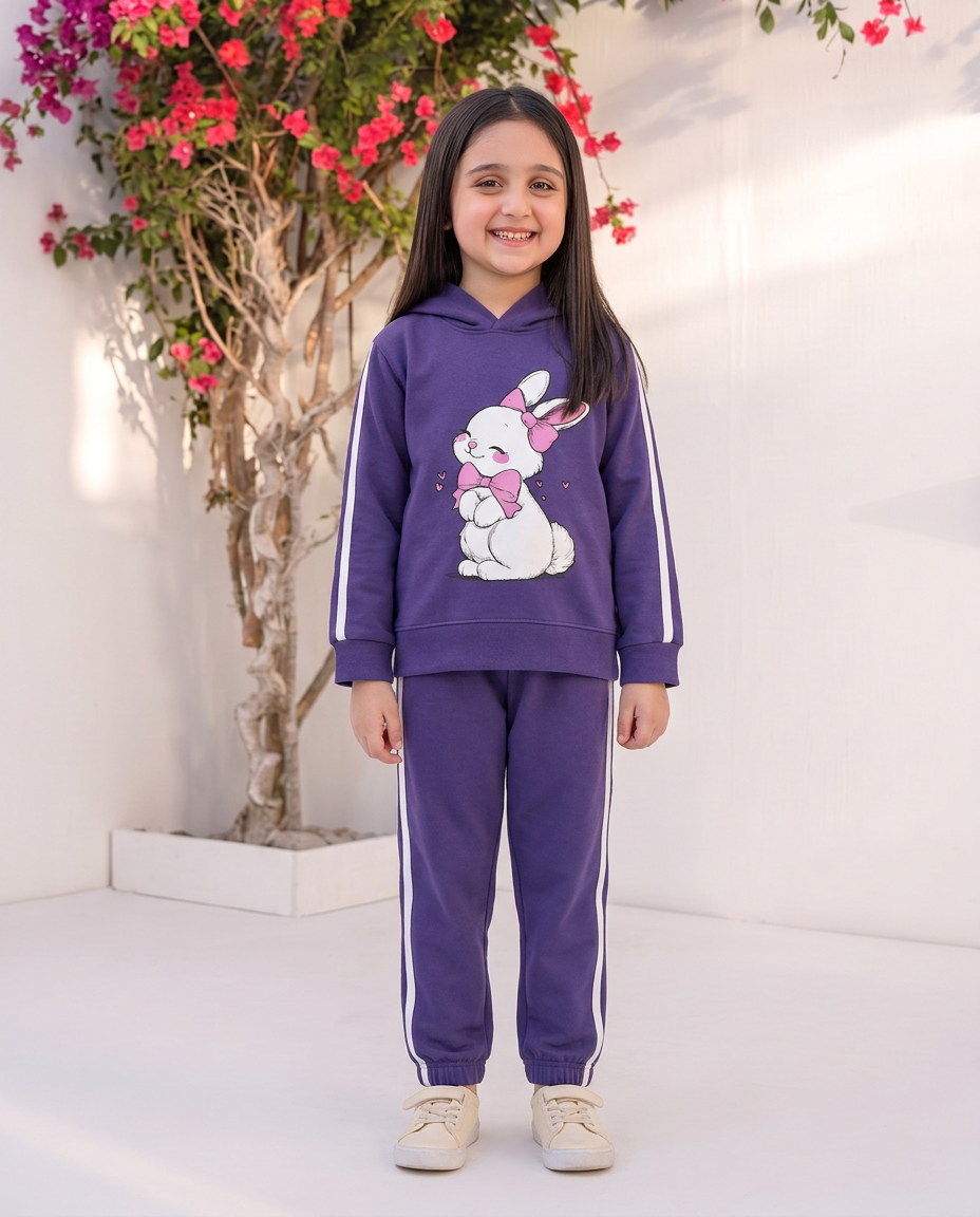 Kids Girls Purple Bunny Hoodie with Trouser – Cute Cartoon Rabbit Print Cozy Outfit Set