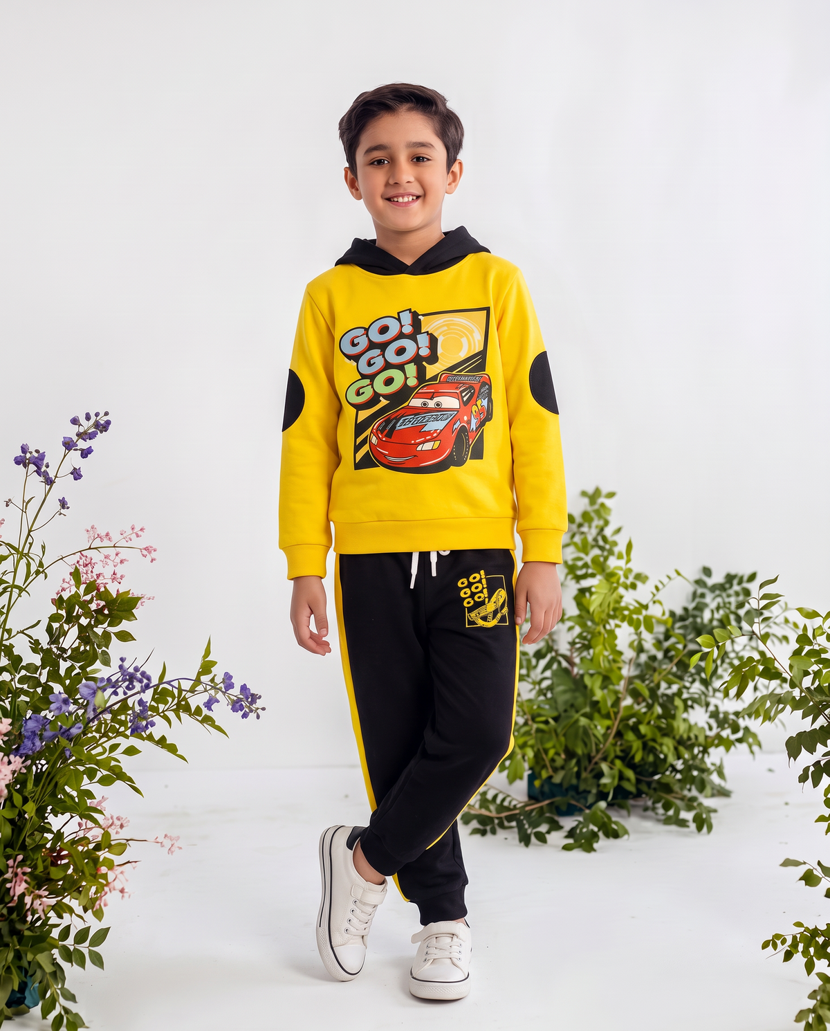 Go Go Go Car Printed Yellow Hoodie & Black Trouser With Dori Outfit Premium Quality Set