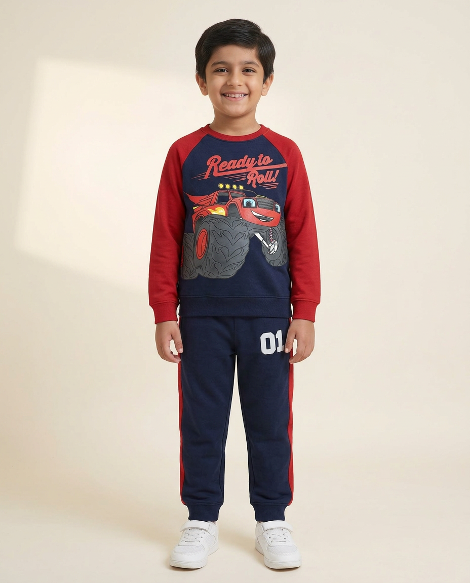 Toddler Boy "Ready to Roll" Monster Truck Graphic Navy Sweatsuit