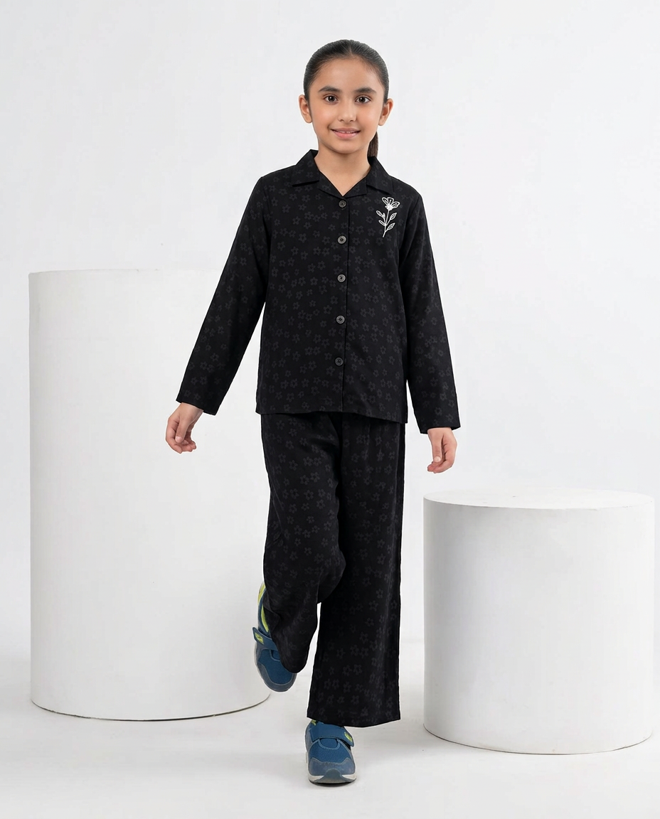 Girls Black Mini Floral Printed Turkish Fabric Co-Ord Set