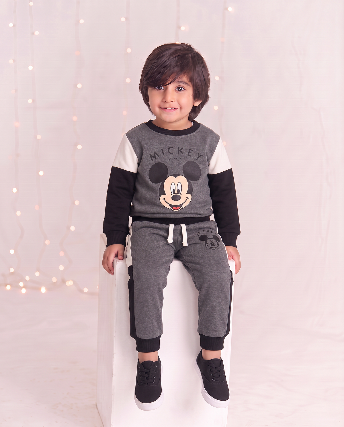 Mickey Mouse Little Boys Fleece Gray Black And White Sweatshirt & Panel Trouser