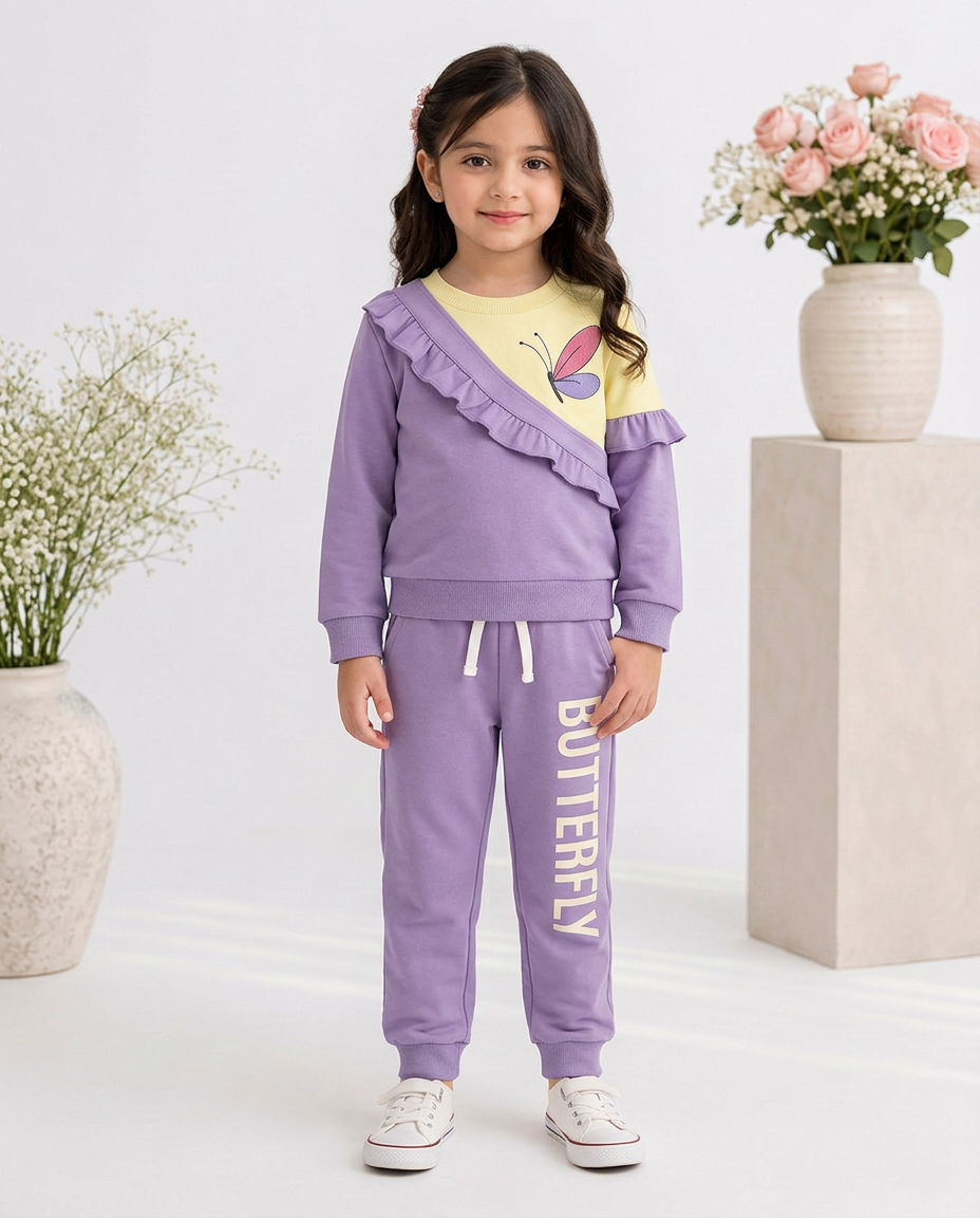 Kids Butterfly Printed Tracksuit – Purple & Yellow