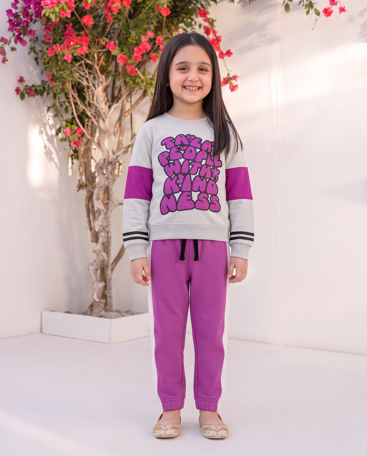 Kids Purple & White Kindness Message Tracksuit – ‘Treat People With Kindness’ Print