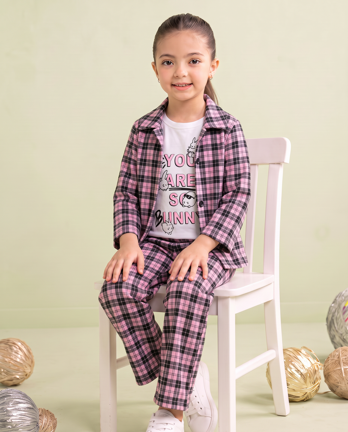 Girls 3 Pcs Bunny Printed Checkered Summer Co-Ord Set – Pink & Black