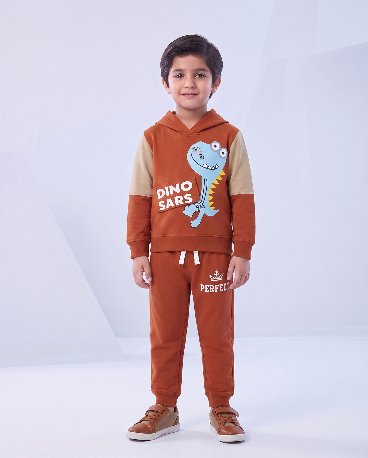 Kids Brown Dino Printed Hoodie and Jogger Set