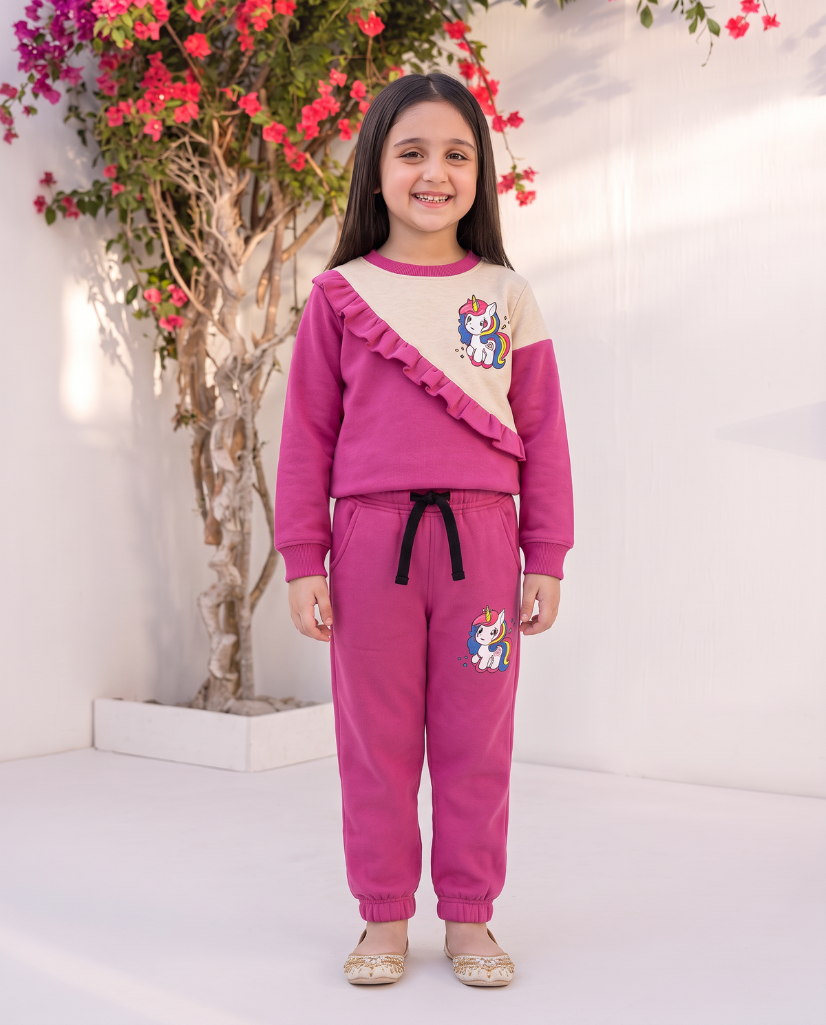 Girls’ Pink & Beige Unicorn Sweat Suit  – 2-Piece Outfit