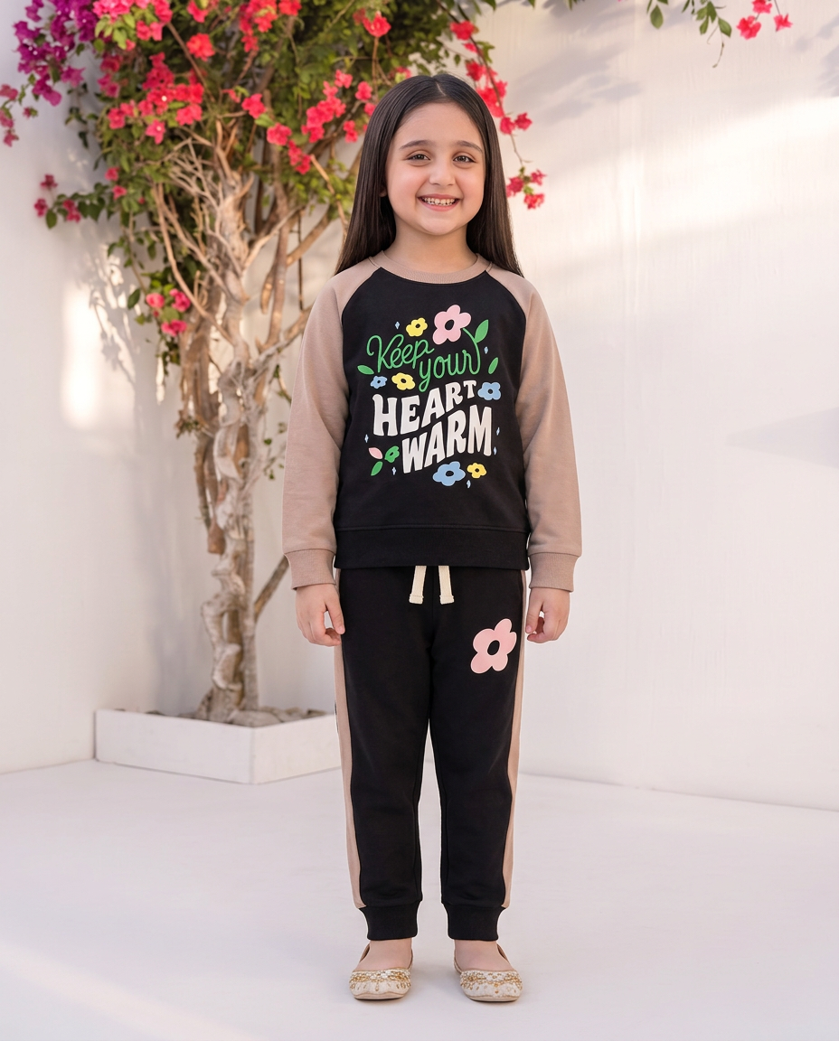 Keep Your Heart Warm Baby Girls Pink & Black Graphic Sweatshirt With Panel Trouser