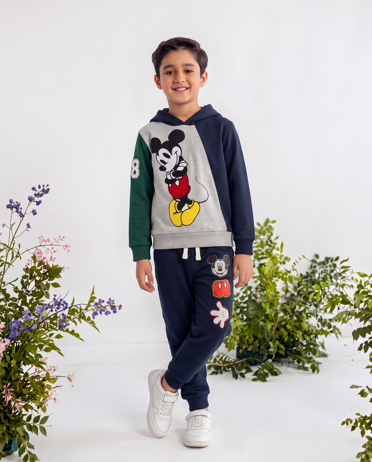 Kids Blue, Grey & green Micky Mouse Fleece Hoodie With Pocket Trouser Outfits Set Imported