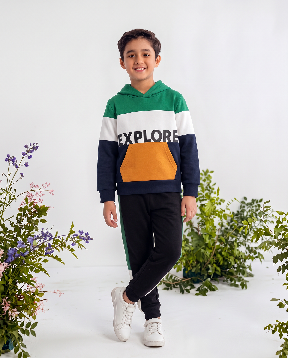 Explore Print Hoodie Green ,White & navy Blue With panel Trouser 2pcs Premium Quality Set