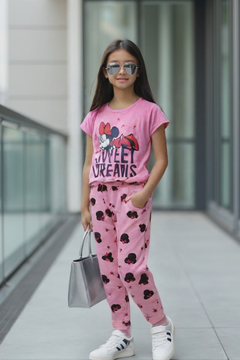 DreamBlush Minnie Mouse Nightwear Set for Girls with Pink Bow print