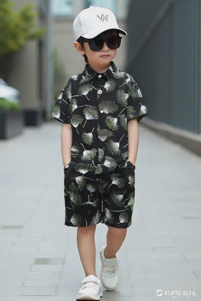 Tropical Bloom Black Shirt & Shorts Set for Kids