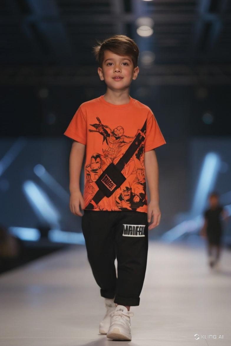 Marvel-Inspired Black Trouser & Orange Shirt Set for Kids – Superhero