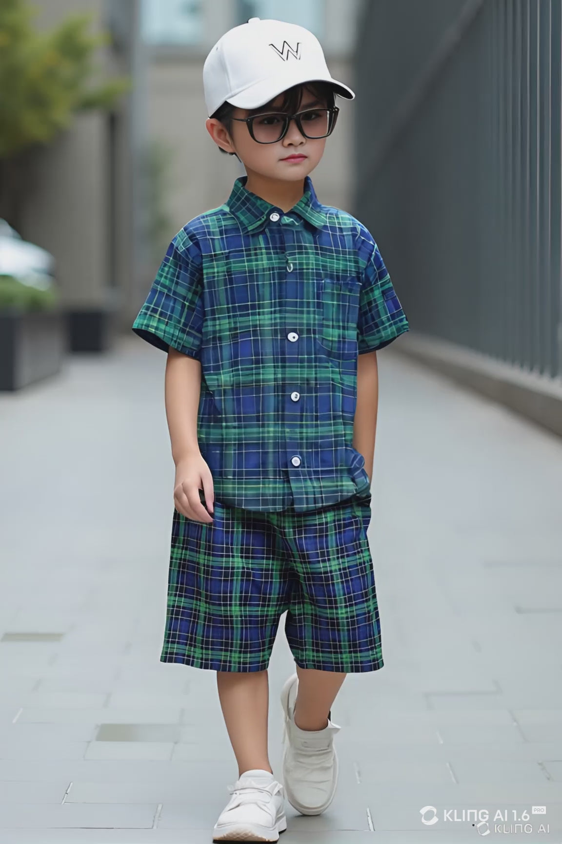 Boys Olive Green & Navy Checkered Summer Shirt and Shorts Set