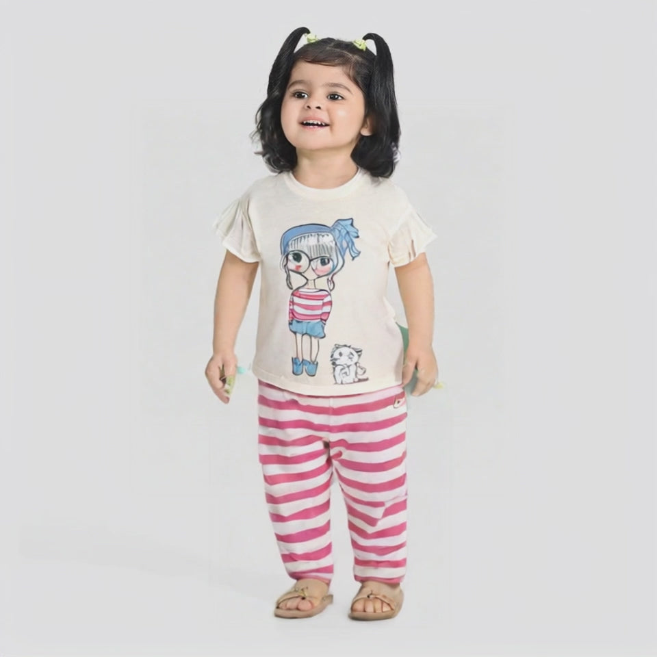 Cute Doll & Cat White Printed T-Shirt with Pink Striped Trouser Set