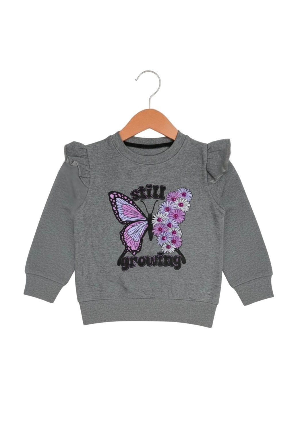 "Still Growing" Butterfly Graphic Grey Top and Pink Dot Pant Set for Toddlers