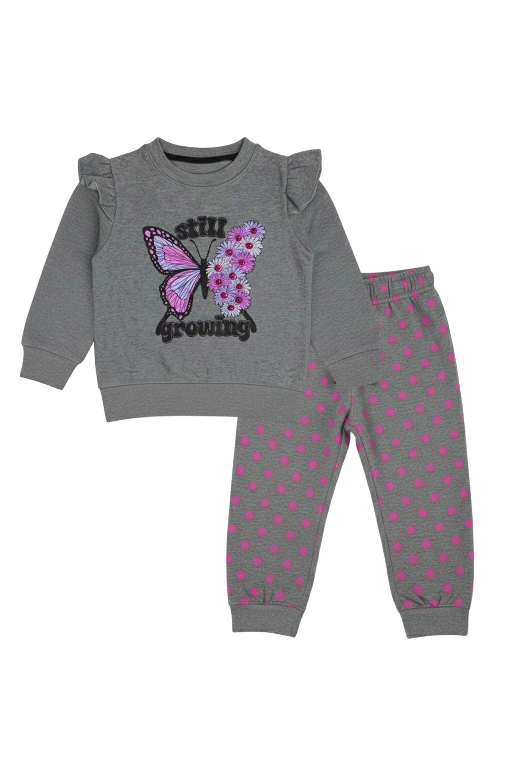 "Still Growing" Butterfly Graphic Grey Top and Pink Dot Pant Set for Toddlers