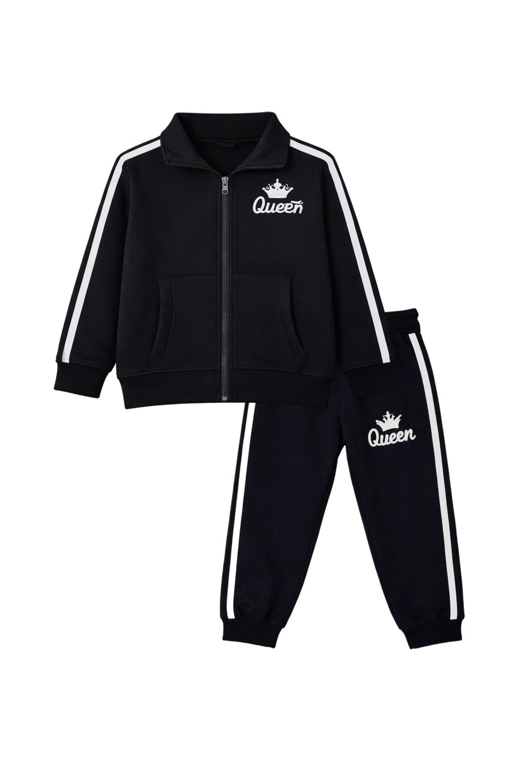 Queen Kids Fleece Tracksuit Set – Black Zip-Up Jacket & Jogger Pants
