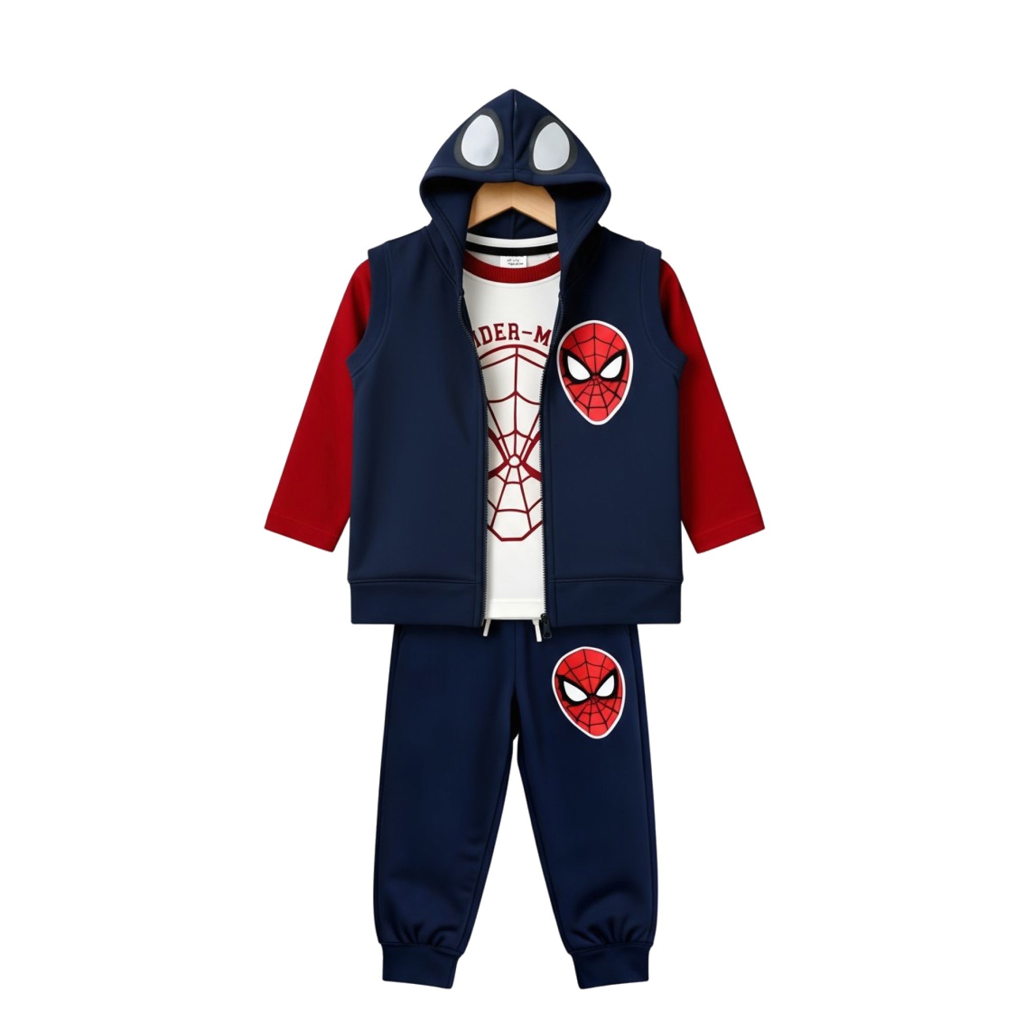 Spider-Man Kids 3-Piece Set featuring a hoodie, tee, and joggers in red and navy with Spider-Man patches.