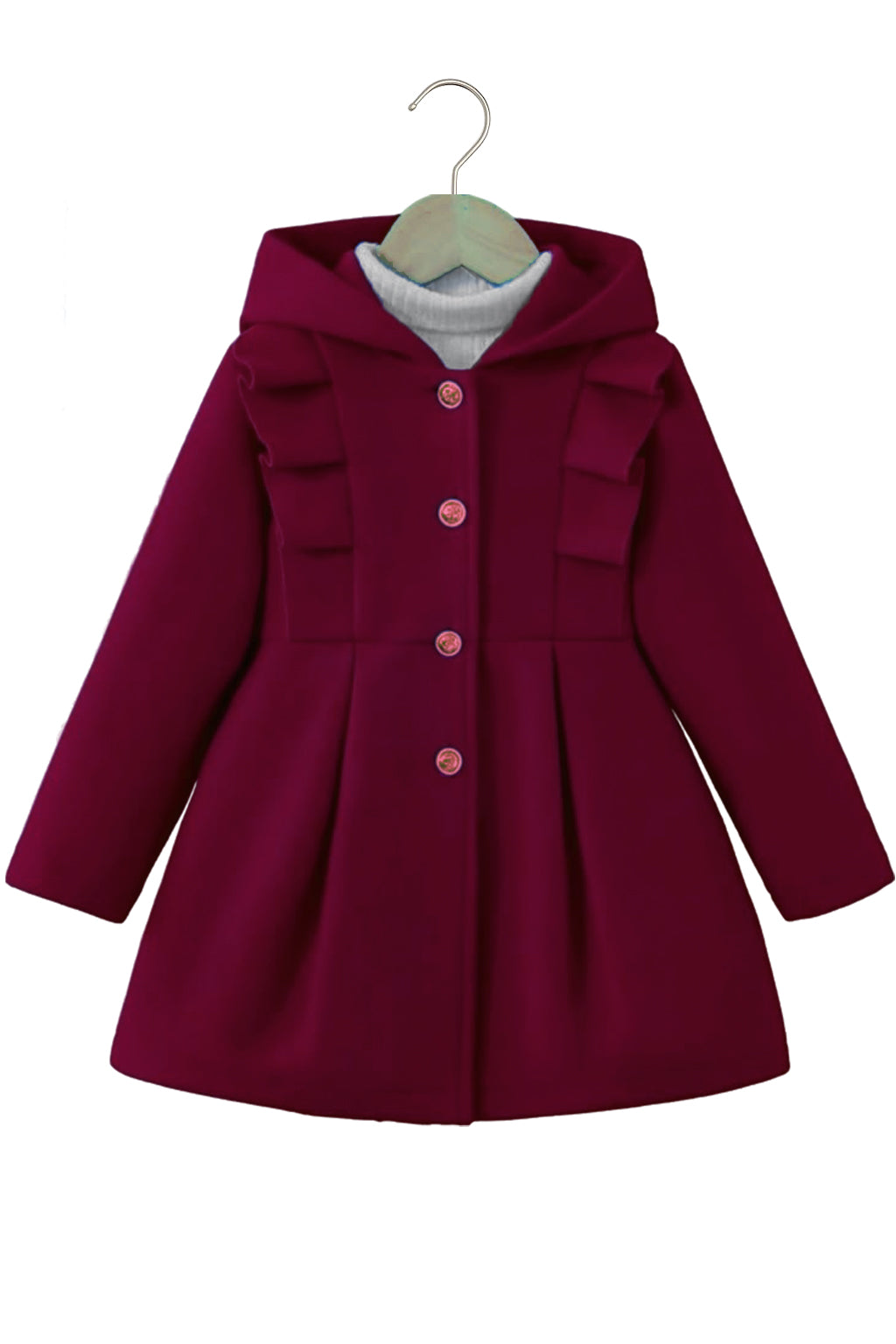 Hooded Winter Coat with Button Closure – Maroon