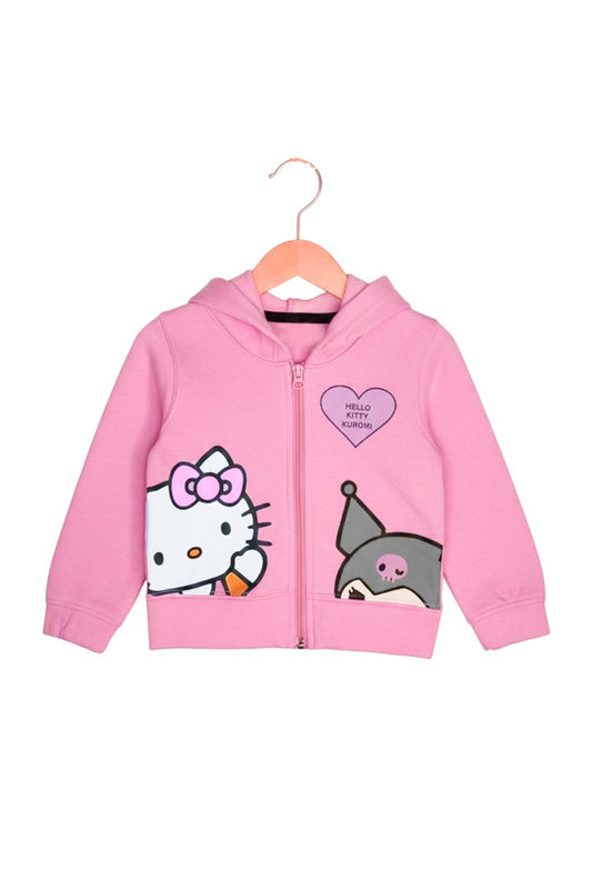 Girls Hello Kitty Fleece Hoodie with Trouser Set – Pink Zip-Up Hoodie & Black Pants