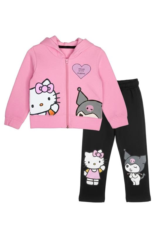 Girls Hello Kitty Fleece Hoodie with Trouser Set – Pink Zip-Up Hoodie & Black Pants